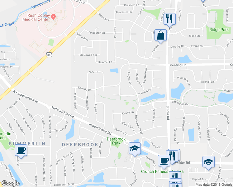 map of restaurants, bars, coffee shops, grocery stores, and more near 2234 Halsted Lane in Aurora