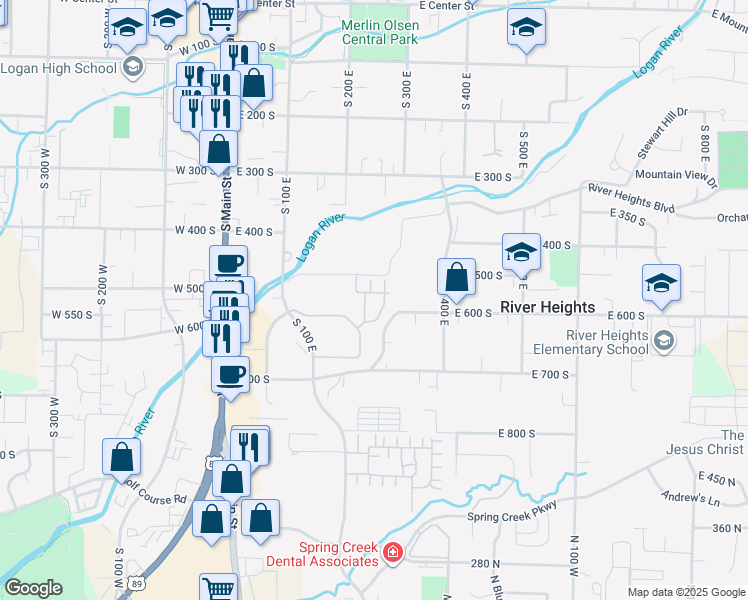 map of restaurants, bars, coffee shops, grocery stores, and more near 225 East 500 South in River Heights
