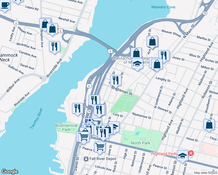 map of restaurants, bars, coffee shops, grocery stores, and more near 23 Norfolk Street in Fall River