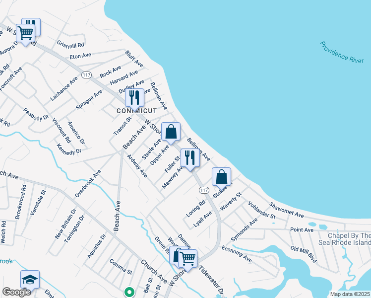 map of restaurants, bars, coffee shops, grocery stores, and more near 15 Francis Street in Warwick