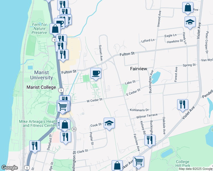 map of restaurants, bars, coffee shops, grocery stores, and more near 25 Campus View Court in Poughkeepsie