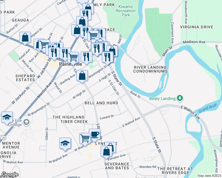 map of restaurants, bars, coffee shops, grocery stores, and more near 185 South Saint Clair Street in Painesville