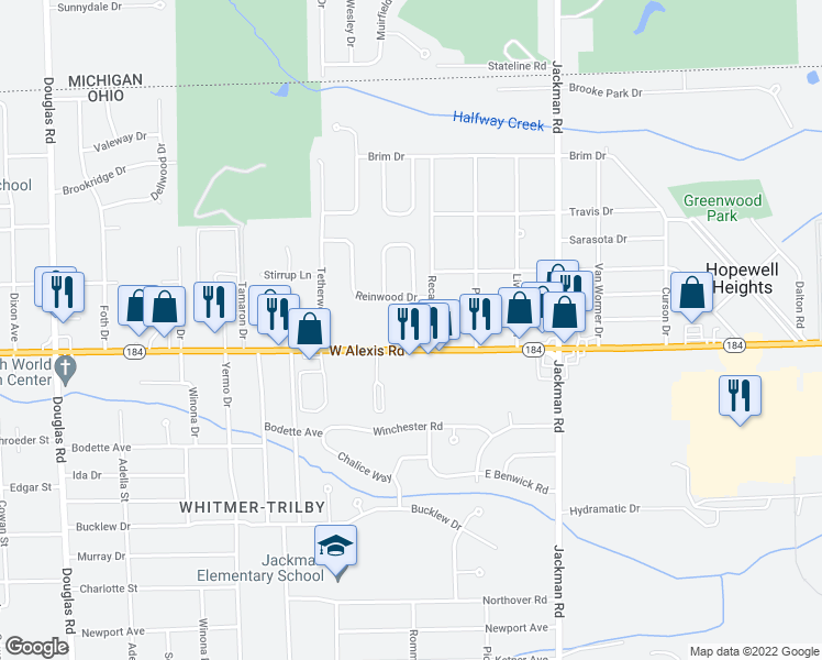 map of restaurants, bars, coffee shops, grocery stores, and more near 1973 Reinwood Drive in Toledo