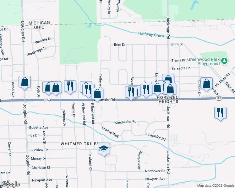 map of restaurants, bars, coffee shops, grocery stores, and more near 1973 Reinwood Drive in Toledo
