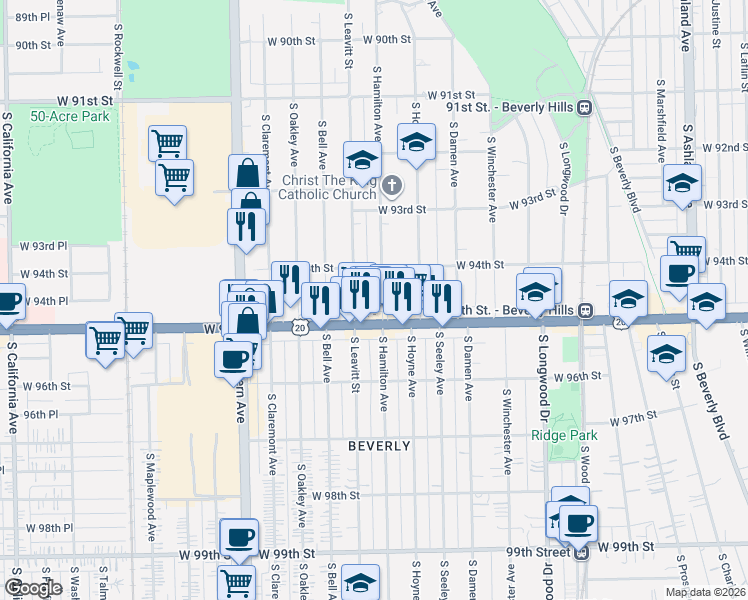 map of restaurants, bars, coffee shops, grocery stores, and more near 9410 South Hamilton Avenue in Chicago