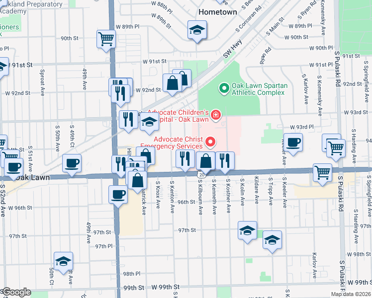 map of restaurants, bars, coffee shops, grocery stores, and more near 9340 Kolmar Avenue in Oak Lawn