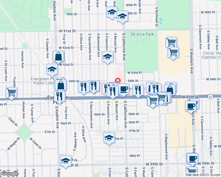 map of restaurants, bars, coffee shops, grocery stores, and more near 2850 West 95th Street in Evergreen Park