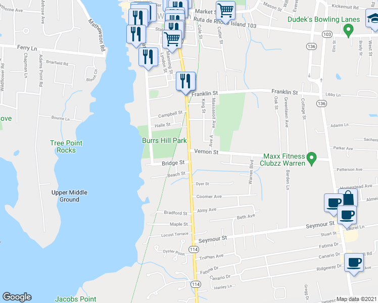 map of restaurants, bars, coffee shops, grocery stores, and more near 801 Main St in Warren