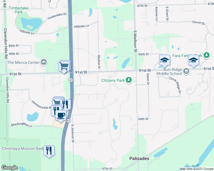 map of restaurants, bars, coffee shops, grocery stores, and more near 9150 Falling Waters Drive West in Burr Ridge