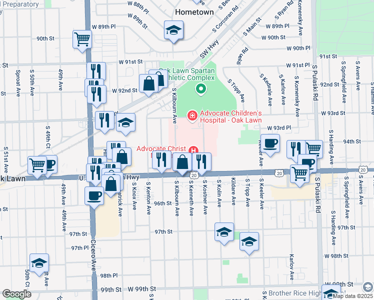 map of restaurants, bars, coffee shops, grocery stores, and more near 4440 West 95th Street in Oak Lawn