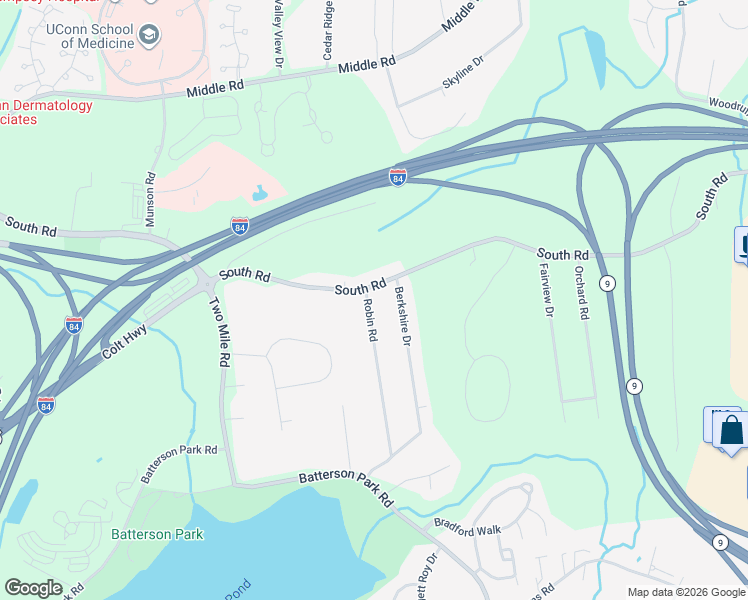 map of restaurants, bars, coffee shops, grocery stores, and more near 5 Robin Road in Farmington