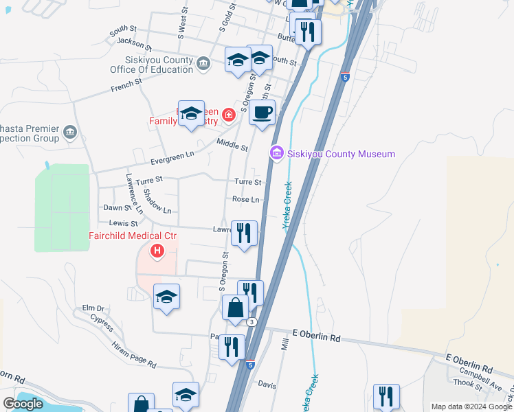 map of restaurants, bars, coffee shops, grocery stores, and more near 1106 South Oregon Street in Yreka