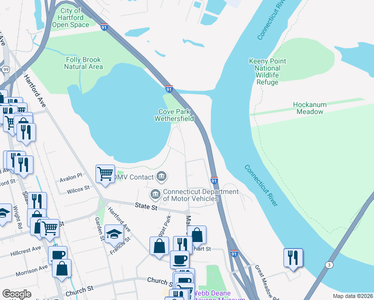 map of restaurants, bars, coffee shops, grocery stores, and more near 520 Main Street in Wethersfield