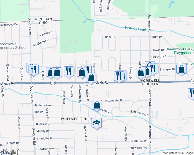 map of restaurants, bars, coffee shops, grocery stores, and more near 5816 Tetherwood Drive in Toledo