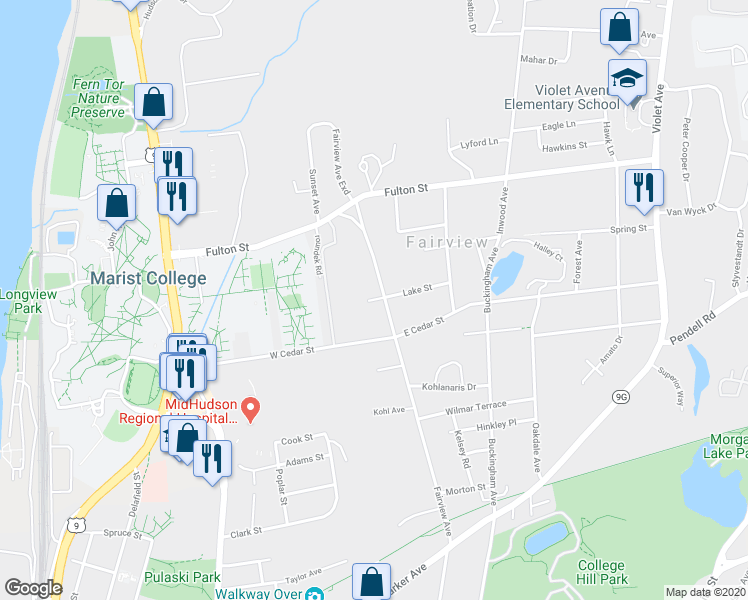 map of restaurants, bars, coffee shops, grocery stores, and more near 17 Lake Street in Poughkeepsie