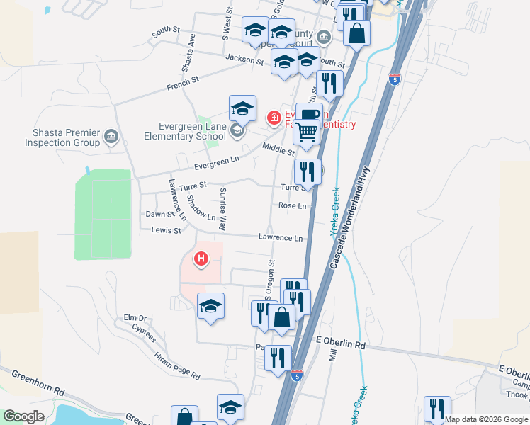map of restaurants, bars, coffee shops, grocery stores, and more near 1018 South Oregon Street in Yreka