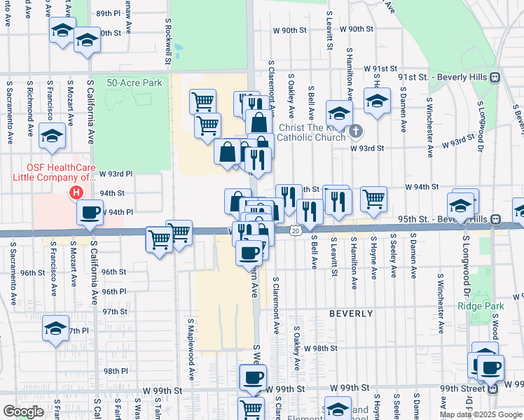 map of restaurants, bars, coffee shops, grocery stores, and more near 9435 South Western Avenue in Chicago