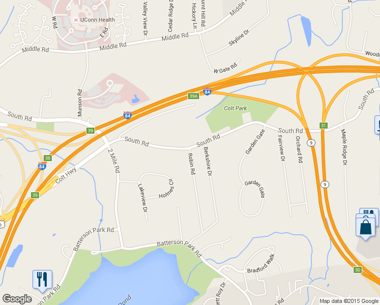 map of restaurants, bars, coffee shops, grocery stores, and more near 5 Robin Road in Farmington