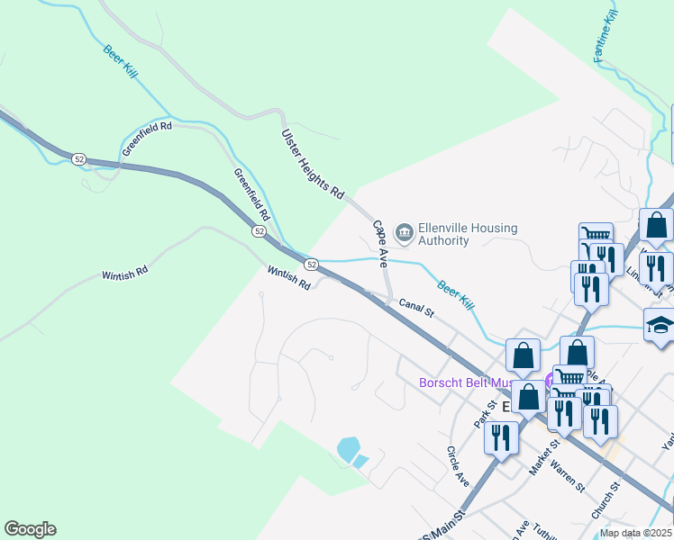 map of restaurants, bars, coffee shops, grocery stores, and more near 6 Canal Street in Ellenville