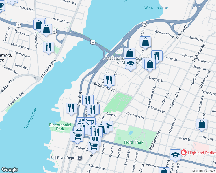 map of restaurants, bars, coffee shops, grocery stores, and more near 56 Saint Mary Street in Fall River