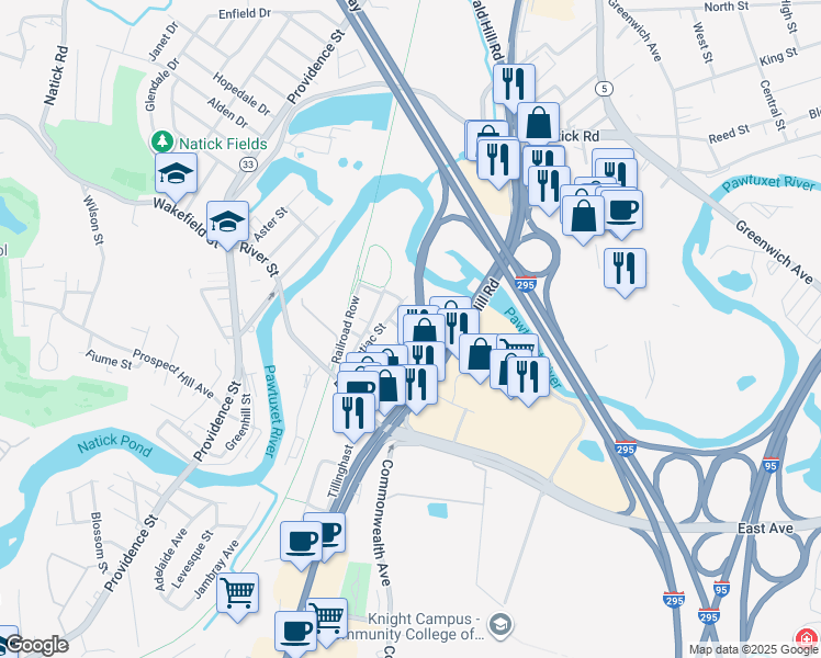 map of restaurants, bars, coffee shops, grocery stores, and more near 4 Pontiac Street in Warwick