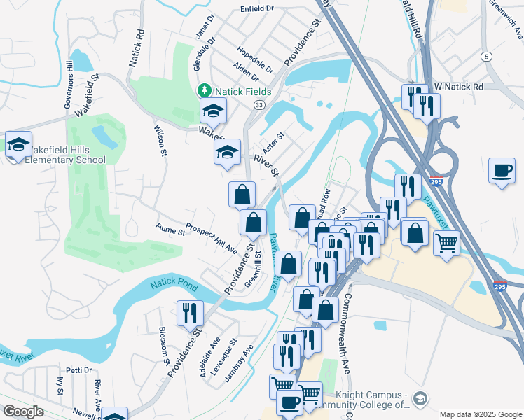 map of restaurants, bars, coffee shops, grocery stores, and more near 17 River Street in West Warwick