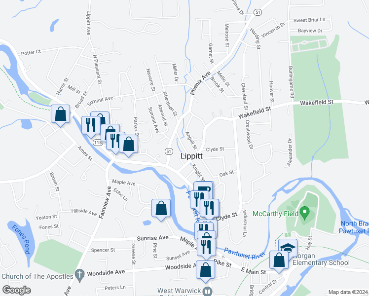 map of restaurants, bars, coffee shops, grocery stores, and more near 23 Bettez Street in West Warwick