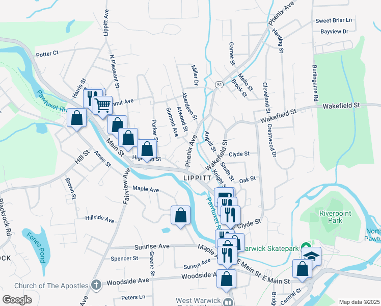 map of restaurants, bars, coffee shops, grocery stores, and more near 42 Phenix Avenue in West Warwick