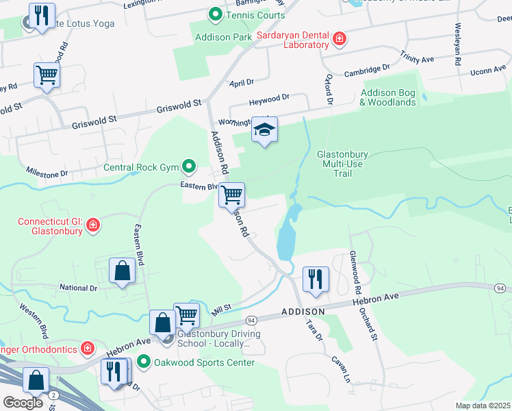 map of restaurants, bars, coffee shops, grocery stores, and more near 198 Addison Road in Glastonbury