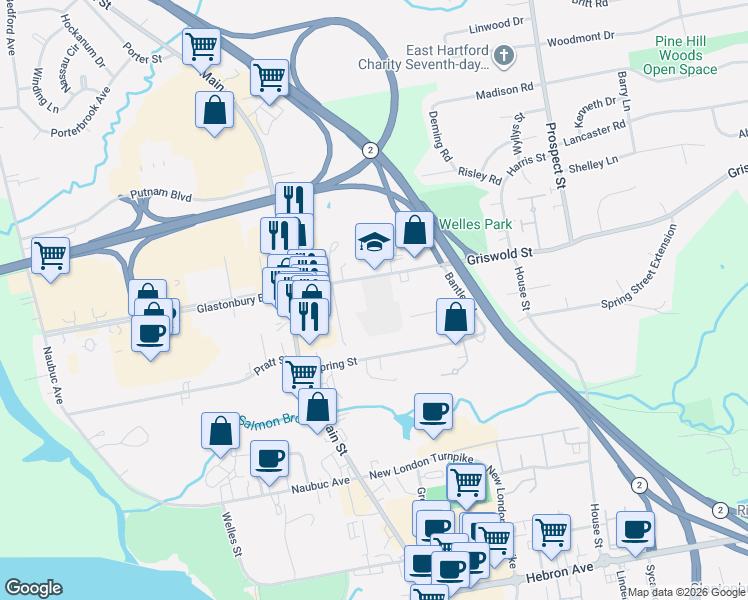 map of restaurants, bars, coffee shops, grocery stores, and more near 98 Griswold Street in Glastonbury