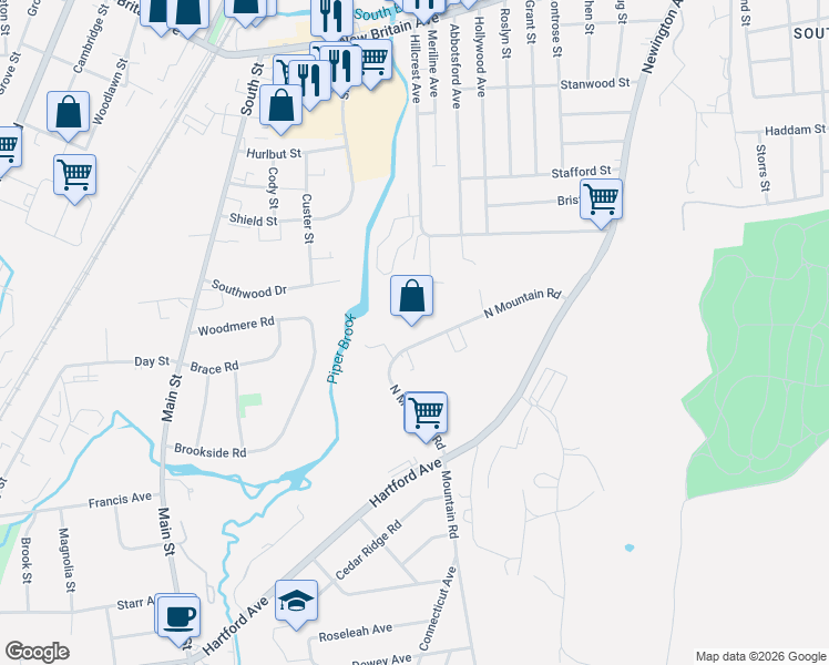 map of restaurants, bars, coffee shops, grocery stores, and more near 719 North Mountain Road in Newington