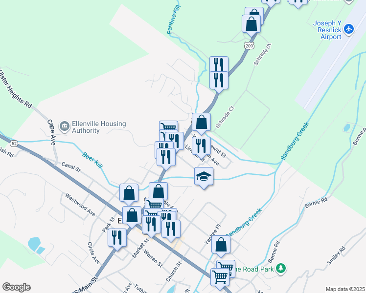 map of restaurants, bars, coffee shops, grocery stores, and more near 28 North Main Street in Ellenville