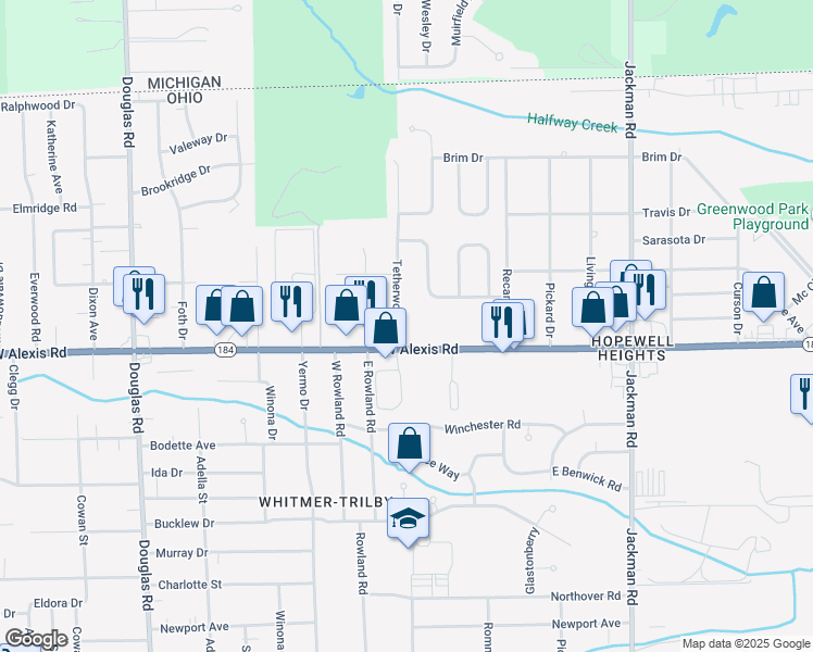map of restaurants, bars, coffee shops, grocery stores, and more near 5837 Tetherwood Drive in Toledo