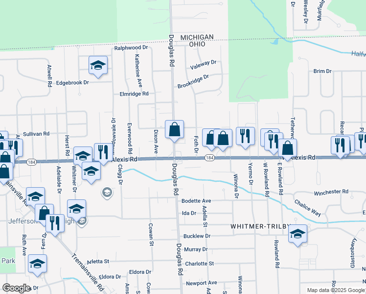 map of restaurants, bars, coffee shops, grocery stores, and more near 2420 Revillo Court in Toledo