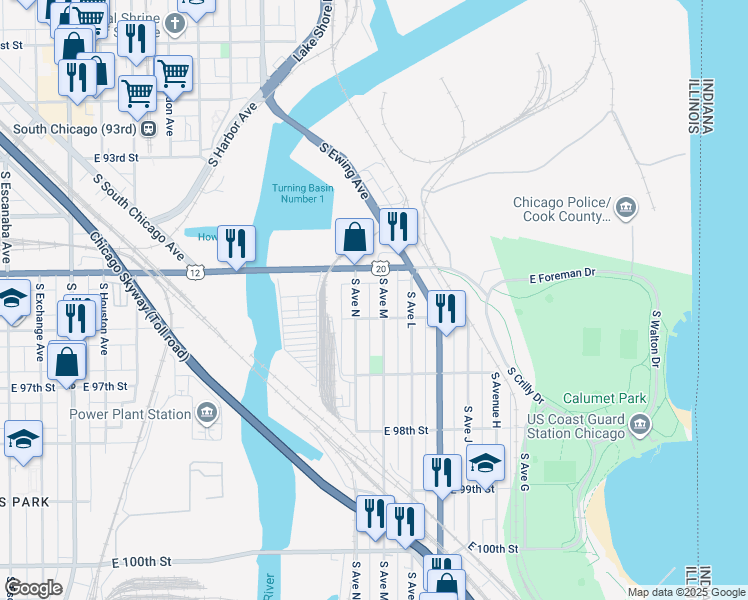 map of restaurants, bars, coffee shops, grocery stores, and more near 3505 East 95th Street in Chicago