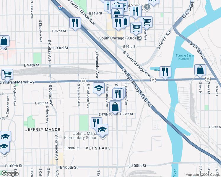map of restaurants, bars, coffee shops, grocery stores, and more near 9501 South Exchange Avenue in Chicago