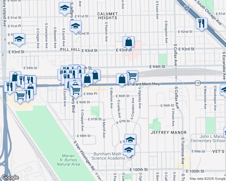 map of restaurants, bars, coffee shops, grocery stores, and more near 9500 South Merrion Avenue in Chicago