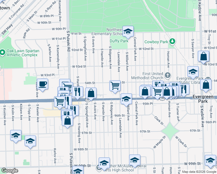 map of restaurants, bars, coffee shops, grocery stores, and more near 9358 South Ridgeway Avenue in Evergreen Park