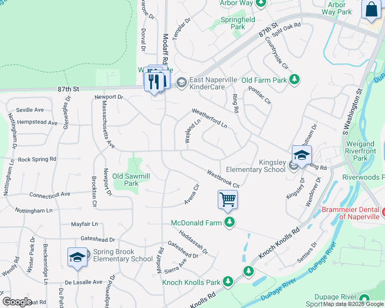 map of restaurants, bars, coffee shops, grocery stores, and more near 2322 Wayland Lane in Naperville
