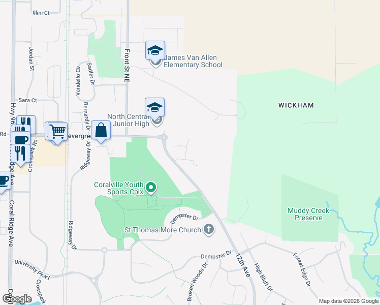 map of restaurants, bars, coffee shops, grocery stores, and more near 3241 Kelsey Lane in Coralville