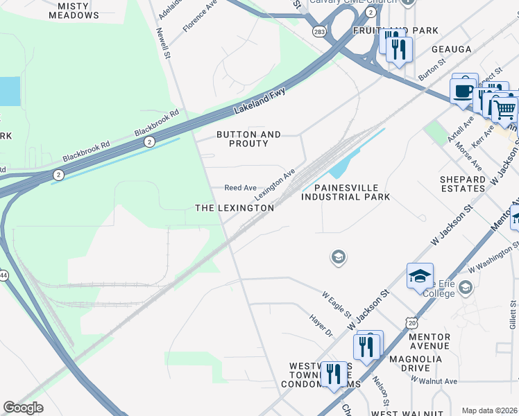 map of restaurants, bars, coffee shops, grocery stores, and more near 477 Lexington Avenue in Painesville