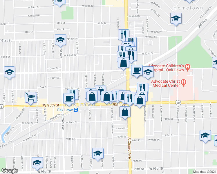 map of restaurants, bars, coffee shops, grocery stores, and more near 4921 Columbus Drive in Oak Lawn