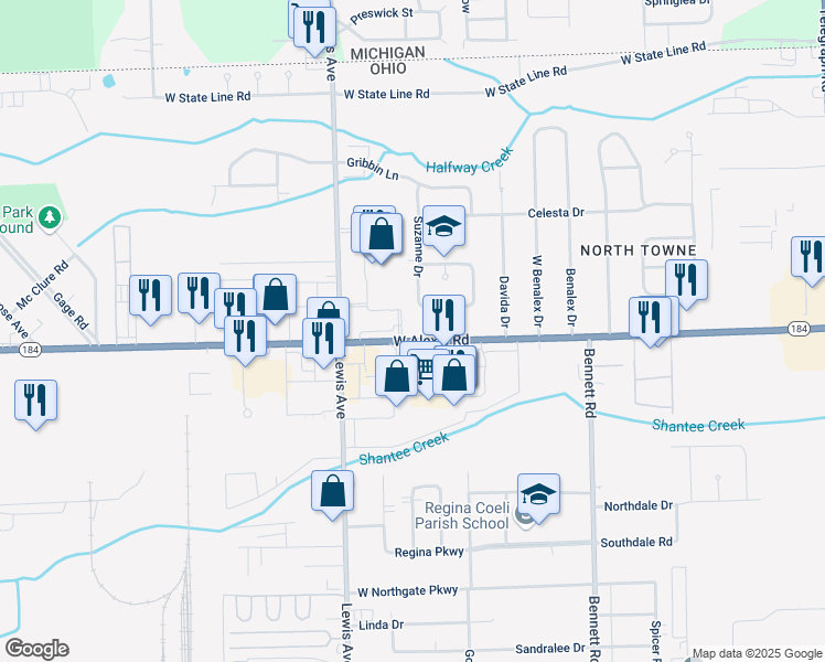 map of restaurants, bars, coffee shops, grocery stores, and more near 830 West Alexis Road in Toledo