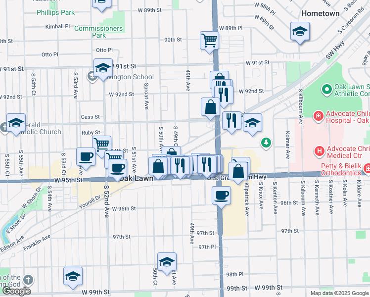map of restaurants, bars, coffee shops, grocery stores, and more near 4915 Columbus Drive in Oak Lawn