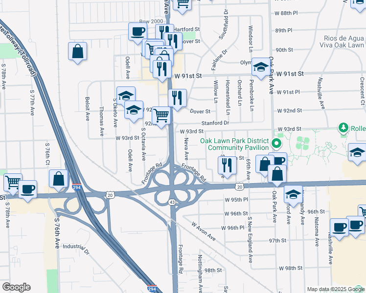 map of restaurants, bars, coffee shops, grocery stores, and more near 9301 South Harlem Avenue in Oak Lawn