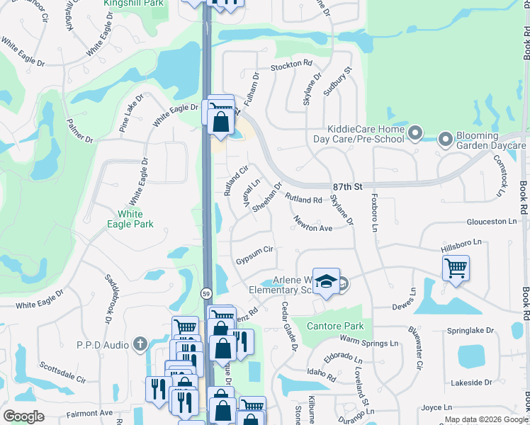 map of restaurants, bars, coffee shops, grocery stores, and more near 2315 Sheehan Drive in Naperville