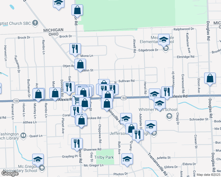 map of restaurants, bars, coffee shops, grocery stores, and more near 5834 Chippewa Road in Toledo