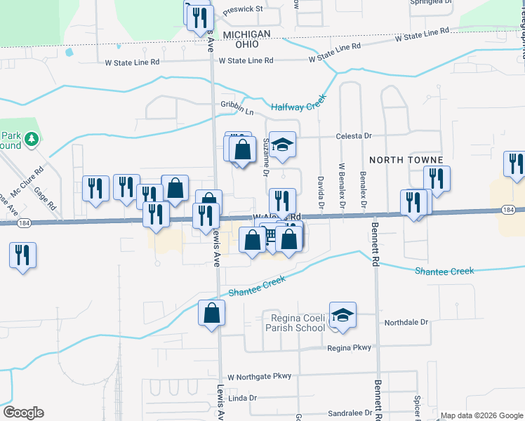 map of restaurants, bars, coffee shops, grocery stores, and more near 823 Woodlawn Drive in Toledo