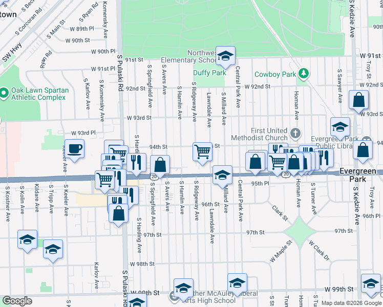 map of restaurants, bars, coffee shops, grocery stores, and more near 9358 South Ridgeway Avenue in Evergreen Park