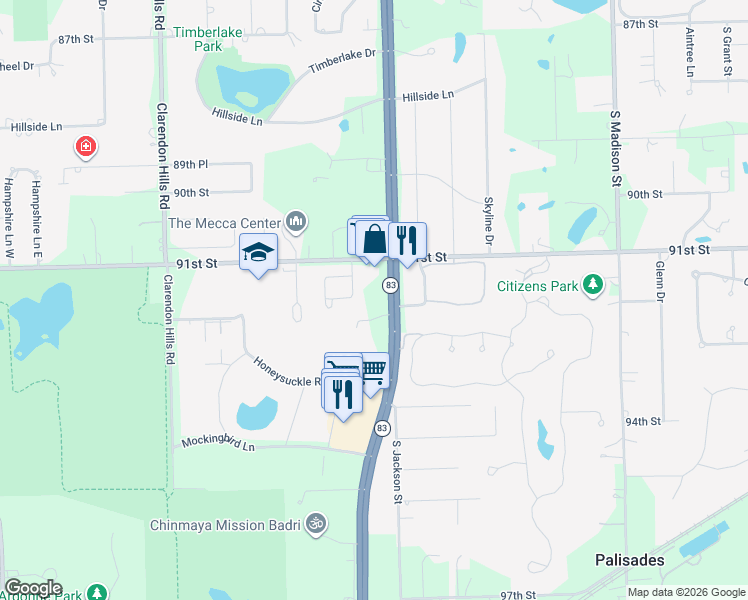 map of restaurants, bars, coffee shops, grocery stores, and more near 10S456 Kingery Highway in Willowbrook